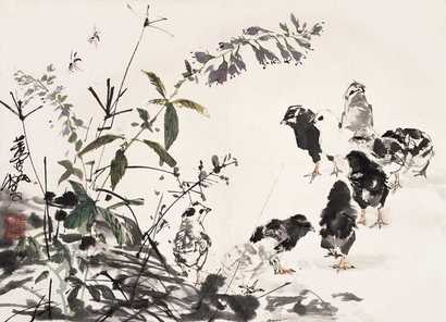 黄胄 紫藤鸡嬉 镜心